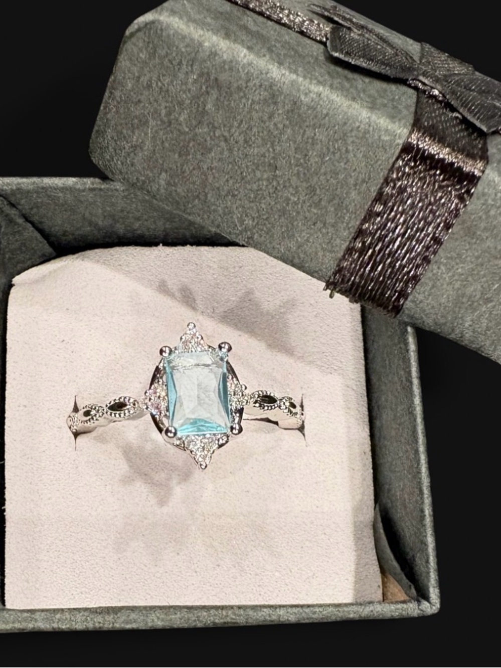 Unique Silver Aquamarine Halo Ring with Light Blue Gemstone